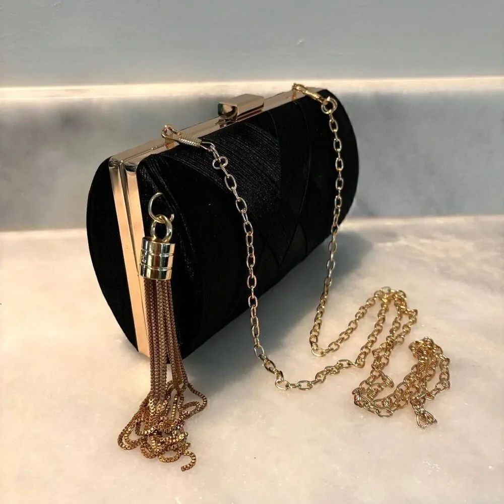 INC International Concepts Tassel Chain Strap Clutch Evening Bag Black Gold OS